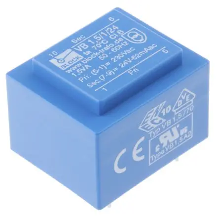 Produktfoto 1 von Block Printtrafo, Trafo 230 V ac / 24 V ac 1 Ausg. 1.5 VA 32.3 mm x 27.3mm x 23.8 mm 0.08 kg Stift
