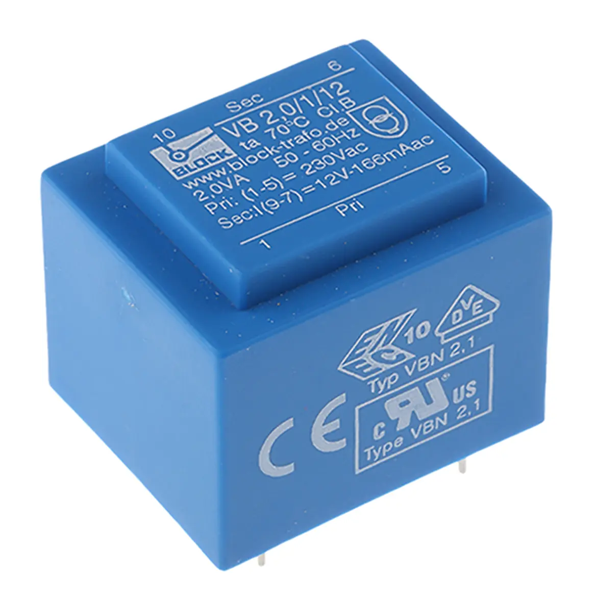 Produktfoto 1 von Block Printtrafo, Trafo 230 V ac / 12 V ac 1  Ausg. 2 VA 32.3 mm x 27.3 mm x 26.8 mm 0.10 kg Stift
