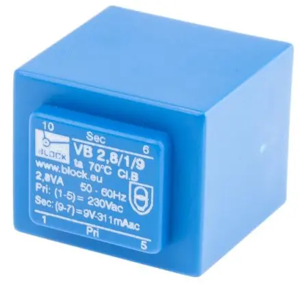 Block Printtrafo, Trafo 230 V ac / 9 V ac 1 Ausg. 2.8 VA 32.3 mm x 27.3mm x 34 mm 0.14 kg Stift