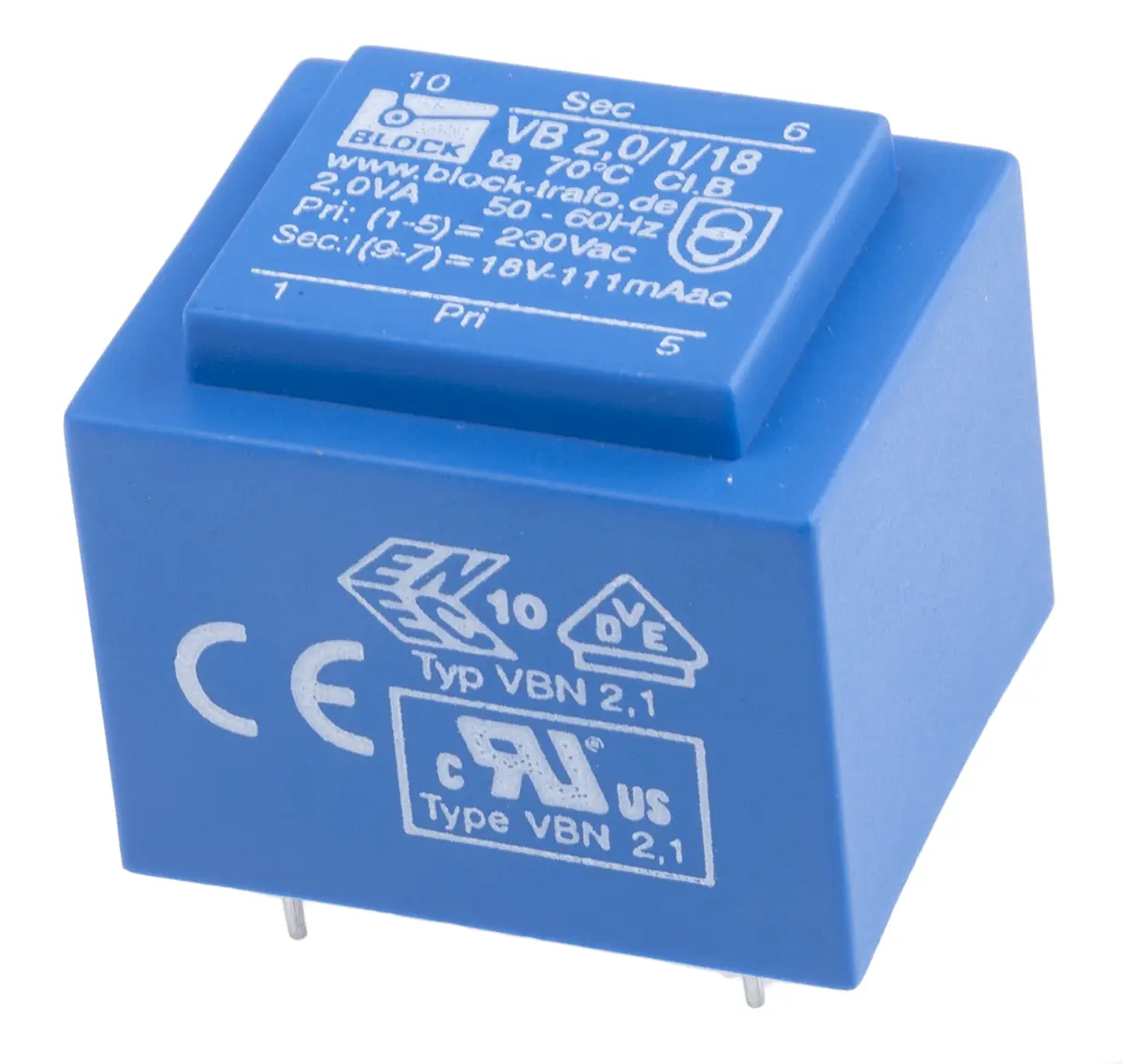 Produktfoto 1 von Block Printtrafo, Trafo 230 V ac / 18 V ac 1  Ausg. 2 VA 32.3 mm x 27.3 mm x 26.8 mm 0.10 kg Stift
