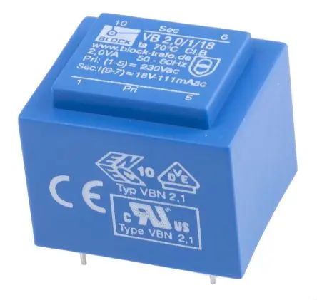 Produktfoto 1 von Block Printtrafo, Trafo 230 V ac / 18 V ac 1 Ausg. 2 VA 32.3 mm x 27.3mm x 26.8 mm 0.10 kg Stift