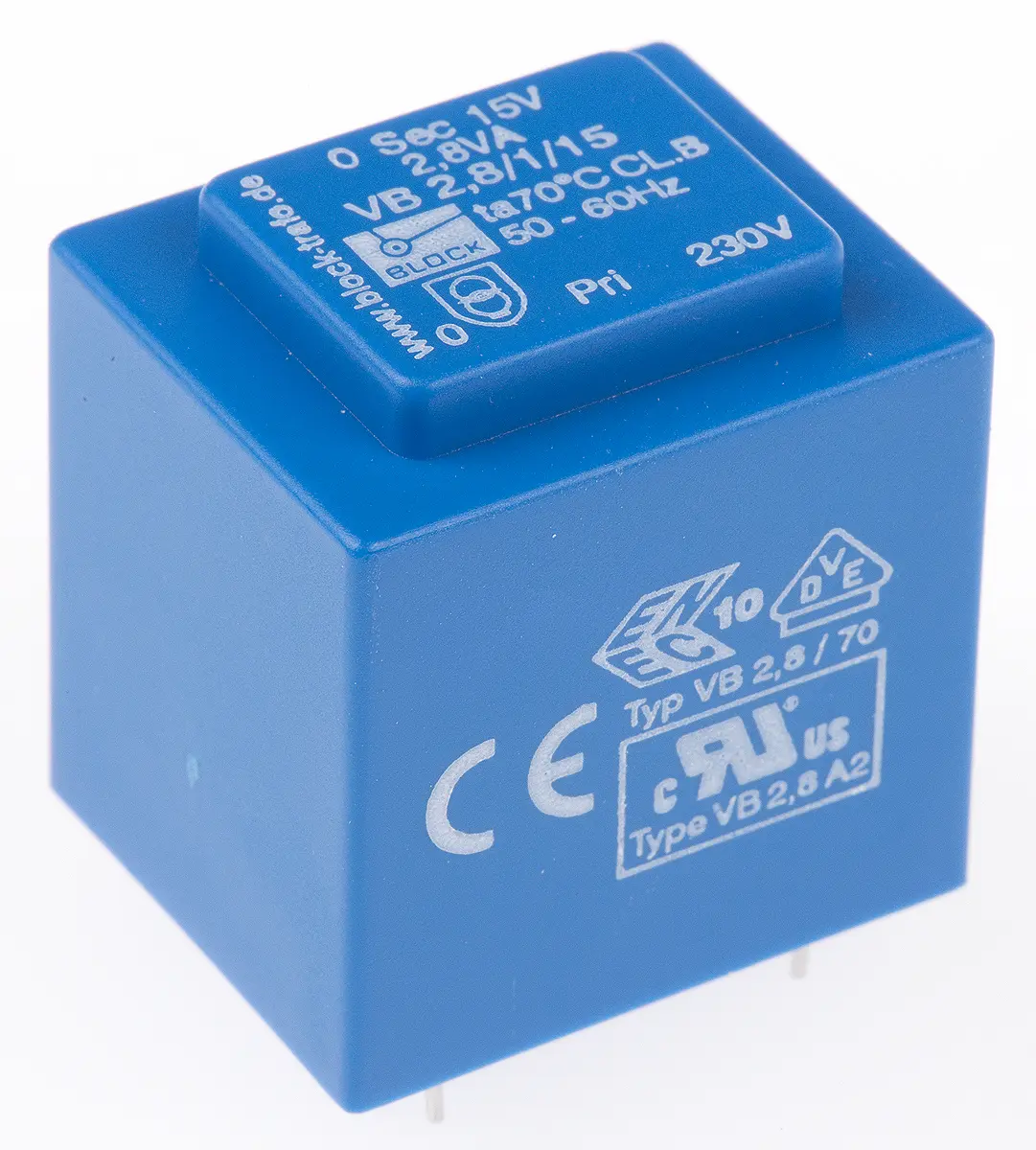 Produktfoto 1 von Block Printtrafo, Trafo 230 V ac / 15 V ac 1  Ausg. 2.8 VA 32.3 mm x 27.3 mm x 34 mm 0.14 kg Stift