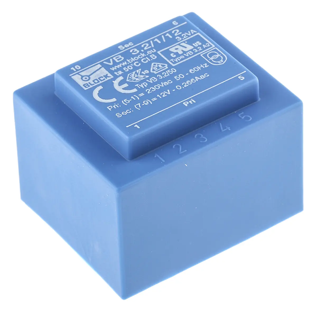 Produktfoto 1 von Block Printtrafo, Trafo 230 V ac / 12 V ac 1  Ausg. 3.2 VA 41 mm x 35 mm x 30.8 mm 0.17 kg Stift