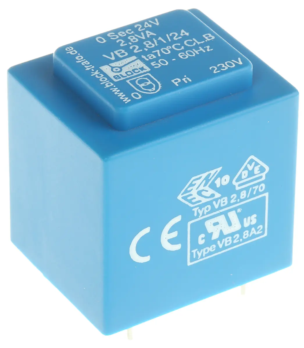 Produktfoto 1 von Block Printtrafo, Trafo 230 V ac / 24 V ac 1  Ausg. 2.8 VA 32.3 mm x 27.3 mm x 34 mm 0.14 kg Stift