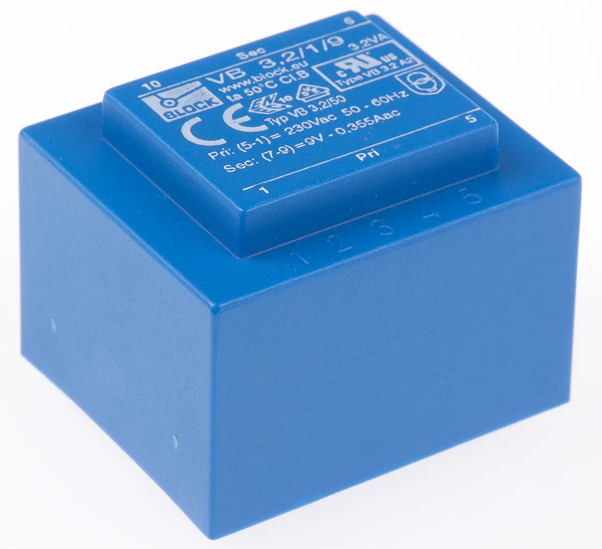Produktfoto 1 von Block Printtrafo, Trafo 230 V ac / 9 V ac 1  Ausg. 3.2 VA 41 mm x 35 mm x 30.8 mm 0.17 kg Stift