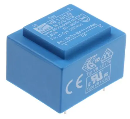 Produktfoto 1 von Block Printtrafo, Trafo 230 V ac / 9 V ac 1 Ausg. 1 VA 32.3 mm x 27.3mm x 21.8 mm 0.07 kg Stift