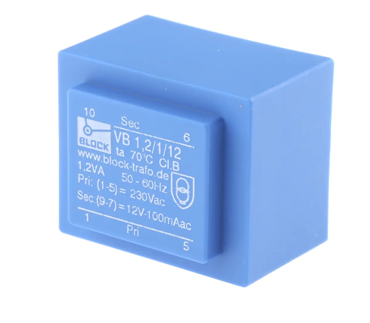Produktfoto 1 von Block Printtrafo, Trafo 230 V ac / 12 V ac 1 Ausg. 1.2 VA 32.3 mm x 27.3mm x 23.8 mm 0.08 kg Stift