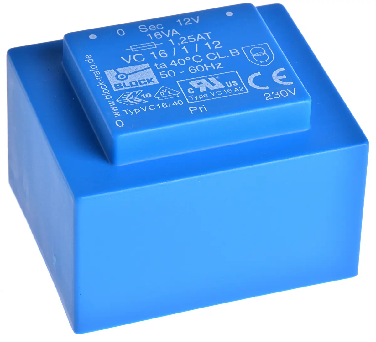 Produktfoto 1 von Block Printtrafo, Trafo 230 V ac / 12 V ac 1  Ausg. 16 VA 57 mm x 48 mm x 39 mm 0.42 kg Stift