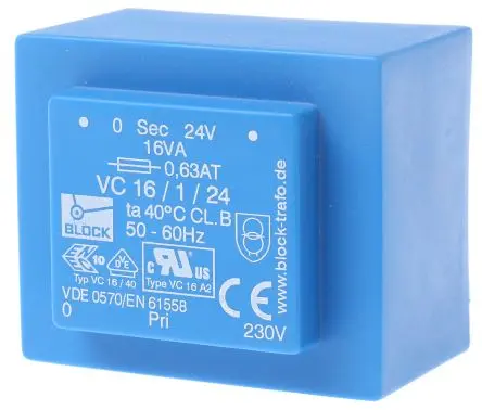 Produktfoto 1 von Block Printtrafo, Trafo 230 V ac / 24 V ac 1 Ausg. 16 VA 57 mm x 48mm x 39 mm 0.42 kg Stift
