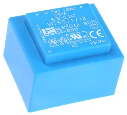 Produktfoto 1 von Block Printtrafo, Trafo 230 V ac / 12 V ac 1 Ausg. 5 VA 44 mm x 37mm x 33 mm 0.19 kg Stift