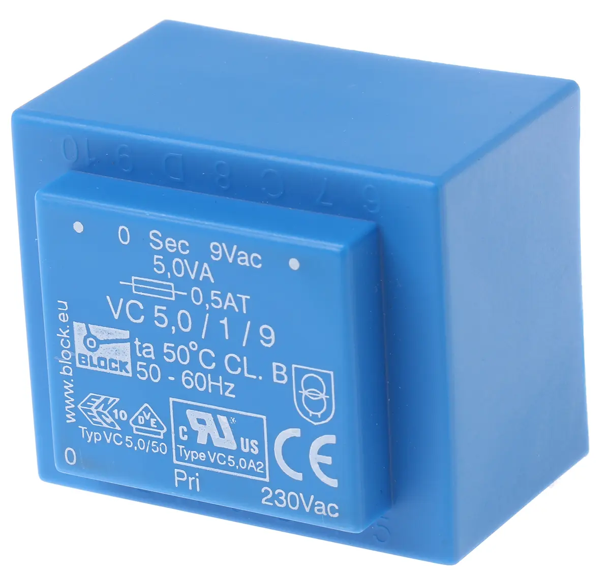 Produktfoto 1 von Block Printtrafo, Trafo 230 V ac / 9 V ac 1  Ausg. 5 VA 44 mm x 37 mm x 33 mm 0.19 kg Stift