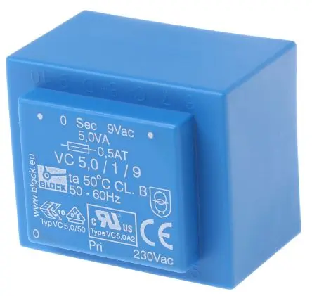 Produktfoto 1 von Block Printtrafo, Trafo 230 V ac / 9 V ac 1 Ausg. 5 VA 44 mm x 37mm x 33 mm 0.19 kg Stift