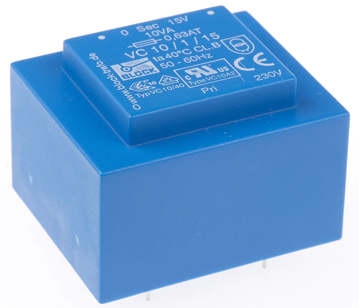 Produktfoto 1 von Block Printtrafo, Trafo 230 V ac / 15 V ac 1  Ausg. 10 VA 34.6 mm x 43.0 mm x 34.6 mm 0.28 kg Stift
