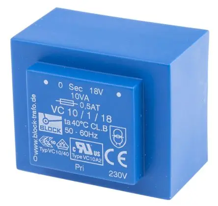 Produktfoto 1 von Block Printtrafo, Trafo 230 V ac / 18 V ac 1 Ausg. 10 VA 51.0 mm x 27.5mm x 34.6 mm 0.28 kg Stift