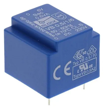 Produktfoto 1 von Block Printtrafo, Trafo 230 V ac / 6 V ac 1 Ausg. 0.5 VA 22 mm x 22.7mm x 19 mm 0.04 kg Stift