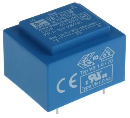 Produktfoto 1 von Block Printtrafo, Trafo 230 V ac / 6 V ac 1 Ausg. 1 VA 32.3 mm x 27.3mm x 21.8 mm 0.07 kg Stift