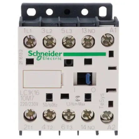 Produktfoto 1 von Schneider Electric TeSyS K Schütz 220V ac-Spule, 3-polig, 690V ac / 16 A 230V 3 Schließer Motorsteuerung 1-Hilfskontakte