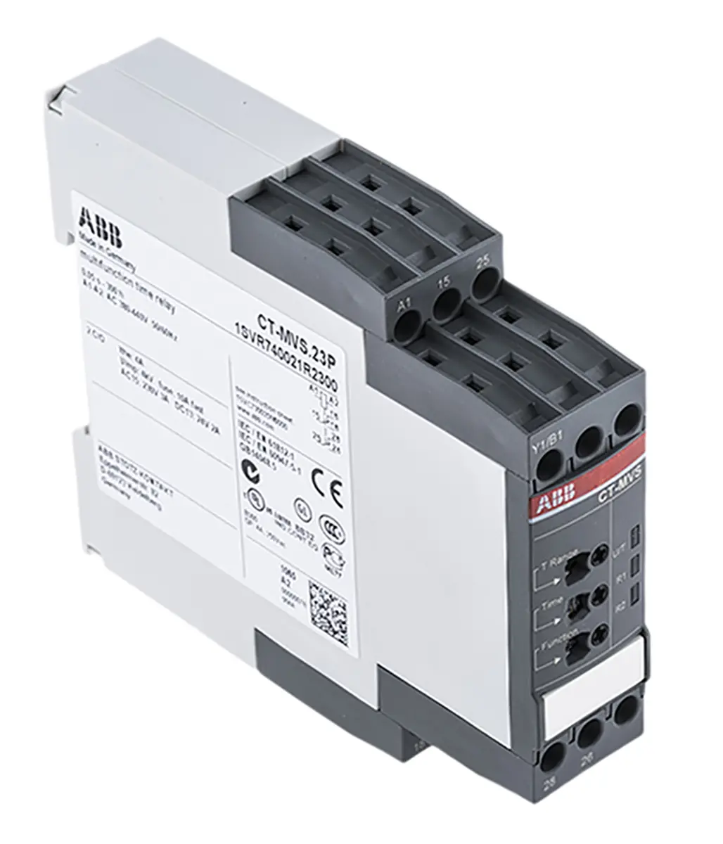 Produktfoto 1 von ABB Zeitrelais, DIN-Schienen, 0.05s → 300h, 440V, 2 Kont. Multifunktion, 2-poliger Wechsler