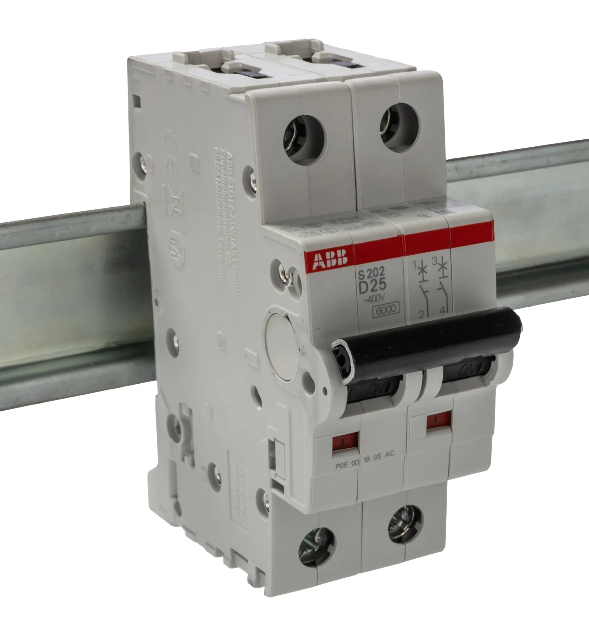 Produktfoto 1 von ABB S200 Miniaturüberlastschalter Typ D, Pol 2-polig 25 A 400 V ac, Abschaltvermögen 6 kA System Pro M Compact 125 V dc