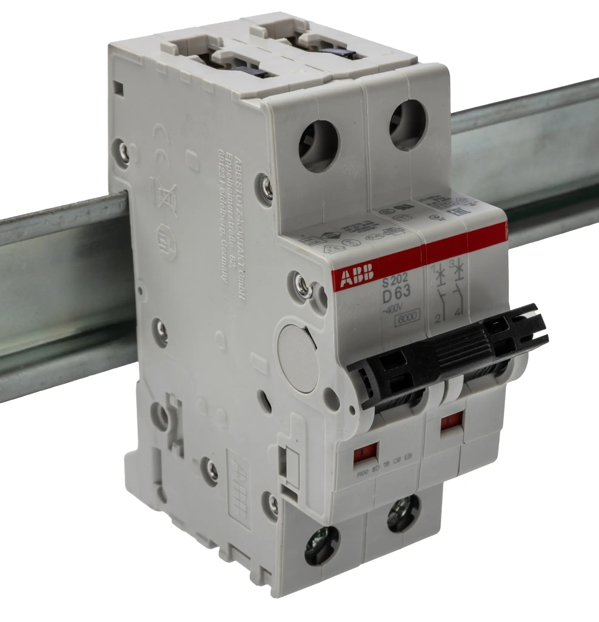 Produktfoto 1 von ABB S200 Miniaturüberlastschalter Typ D, Pol 2-polig 63 A 400 V ac, Abschaltvermögen 6 kA System Pro M Compact 125 V dc