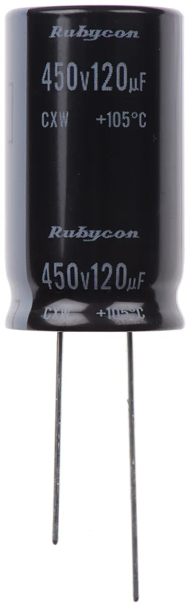 Produktfoto 1 von Rubycon CXW, THT Aluminium-Elektrolyt Kondensator 120μF ±20% / 450V dc, Ø 18mm x 31.5mm, bis 105°C