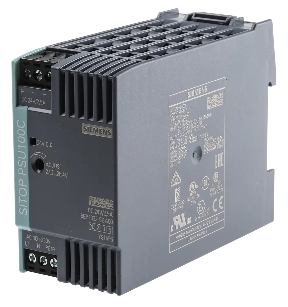 Produktfoto 1 von Siemens SITOP PSU100C DIN-Schienen Netzteil Getaktet 24V dc / 2.5A 60W 100 → 230 V ac / 110 → 300V dc