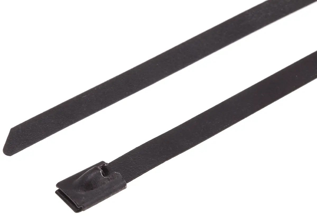 Produktfoto 1 von RS PRO Edelstahl mit Polyesterbeschichtung Kabelbinder Kugelverschluss Schwarz 7.9 mm x 1 m