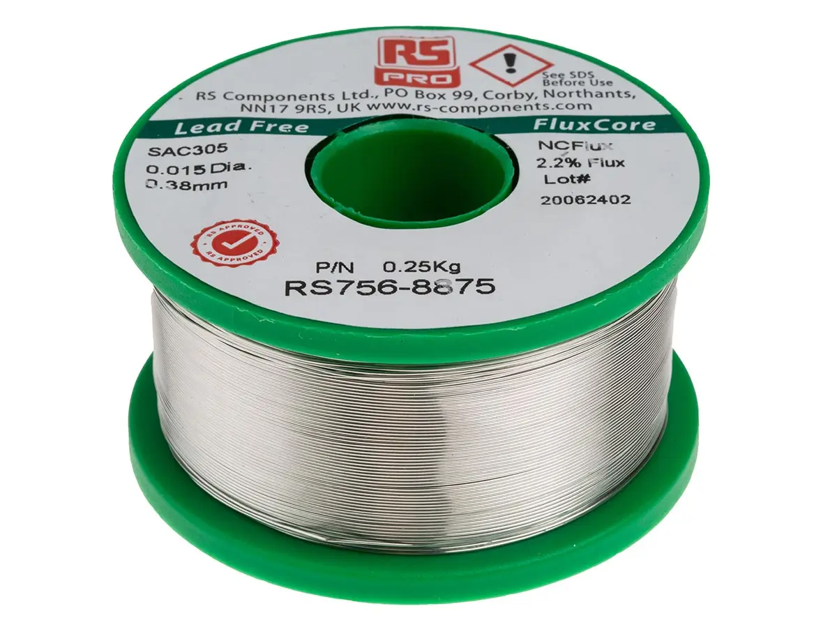 Produktfoto 1 von RS PRO Draht Lötzinn bleifrei 96.5 %Sn 0 %Pb 0.5 %Cu 3 %Ag, 217 °C, Ø 0.38 mm / 250 g
