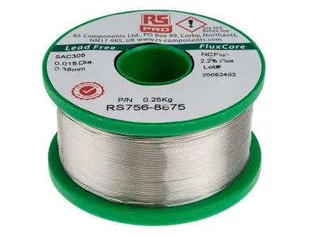Produktfoto 1 von RS PRO Draht Lötzinn bleifrei 96.5 %Sn 0 %Pb 0.5 %Cu 3 %Ag, 217 °C, Ø 0.38 mm / 250 g