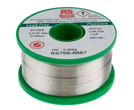 Produktfoto 1 von RS PRO Draht Lötzinn bleifrei 99.5 %Sn 0 %Pb 0.5 %Cu, 228 °C, Ø 0.38 mm / 250 g