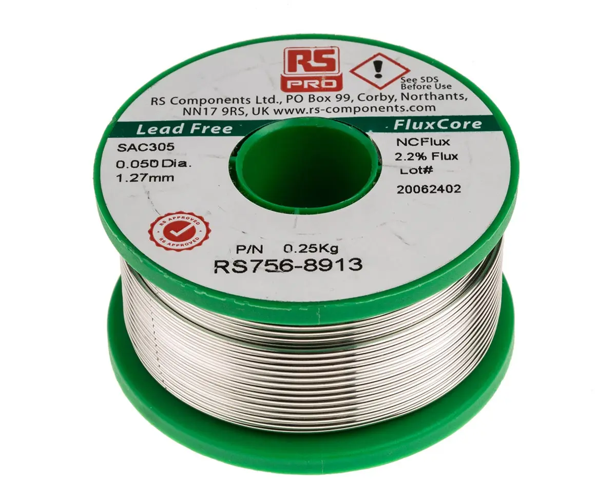 Produktfoto 1 von RS PRO Draht Lötzinn bleifrei 96.5 %Sn 0 %Pb 0.5 %Cu 3 %Ag, 217 °C, Ø 1.27 mm / 250 g