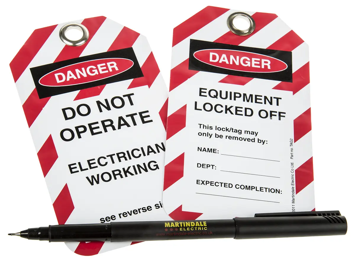 Produktfoto 1 von Martindale Absperrungsschild "Ausrüstung gesperrt Aus, Elektriker bei der Arbeit, Nicht betreiben", 10 Per Pack, B. 80