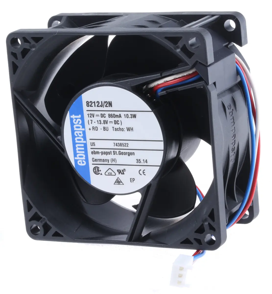 Produktfoto 1 von ebm-papst 8200 J DC-Axiallüfter, Kugellager, 12 V dc / 10W, 80 x 80 x 38mm, 8400U/min, 132m³/h