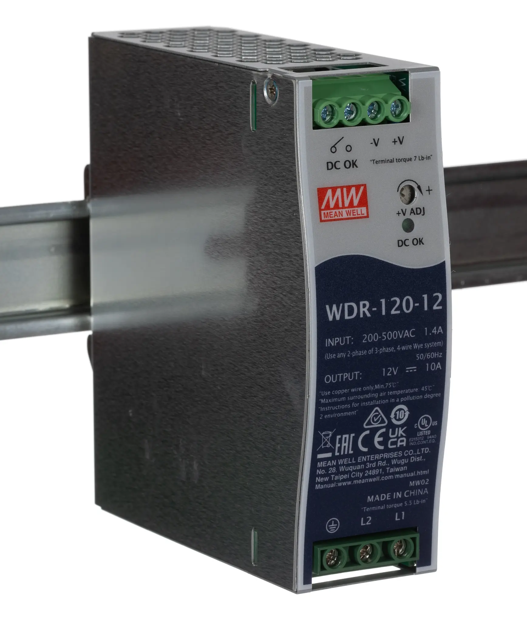 Produktfoto 1 von MEAN WELL WDR DIN-Schienen Netzteil Getaktet 12V dc / 10A 120W 180 → 550V ac