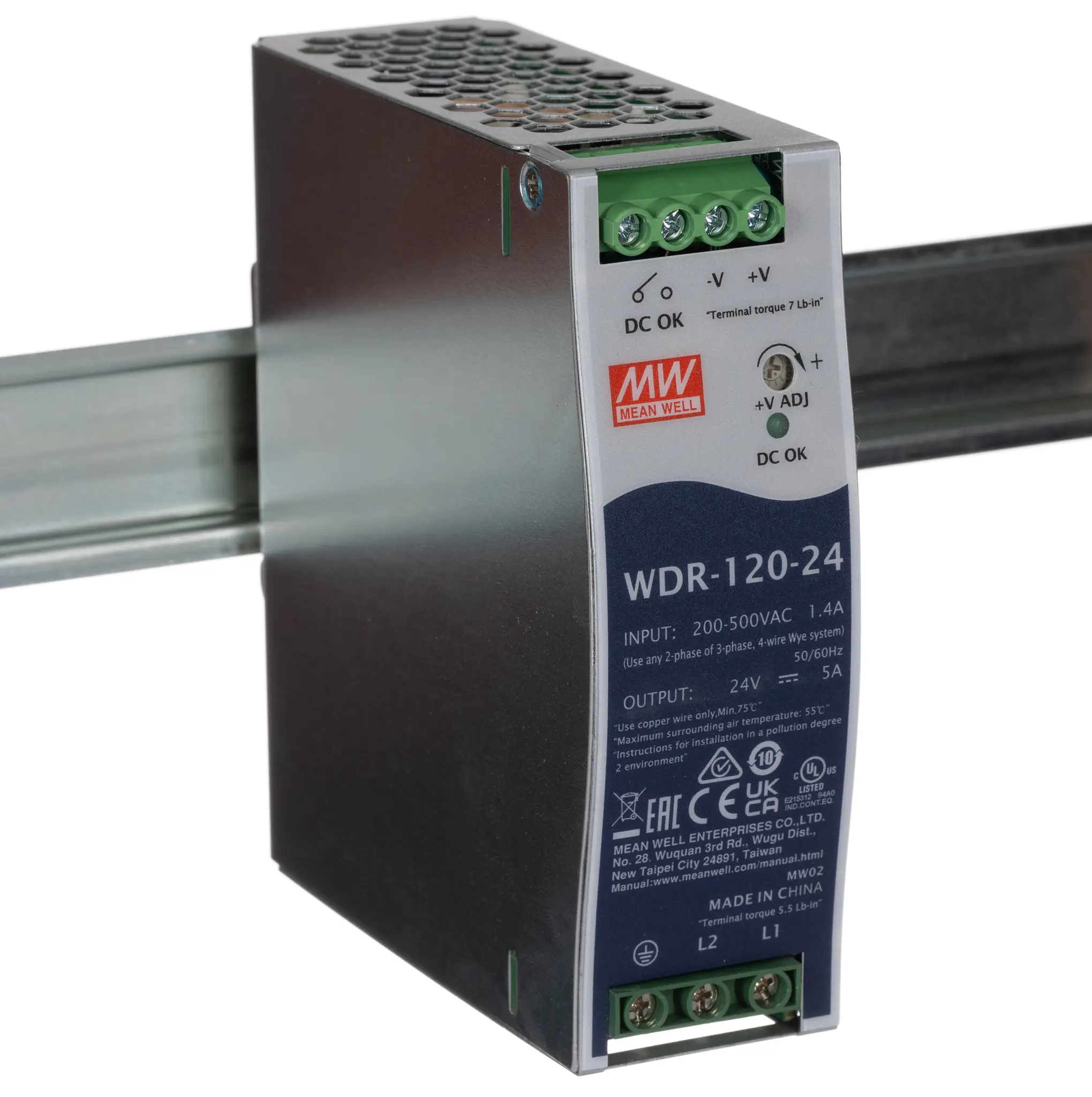 Produktfoto 1 von MEAN WELL WDR DIN-Schienen Netzteil Getaktet 24V dc / 5A 120W 180 → 550V ac