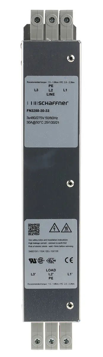 Schaffner FN3258 EMV-Filter, 480V ac, 30 A, Fahrgestell 11.8 W, Anschlussklemmenblock, 3-phasig 33 mA / 60 Hz 1 Zustände