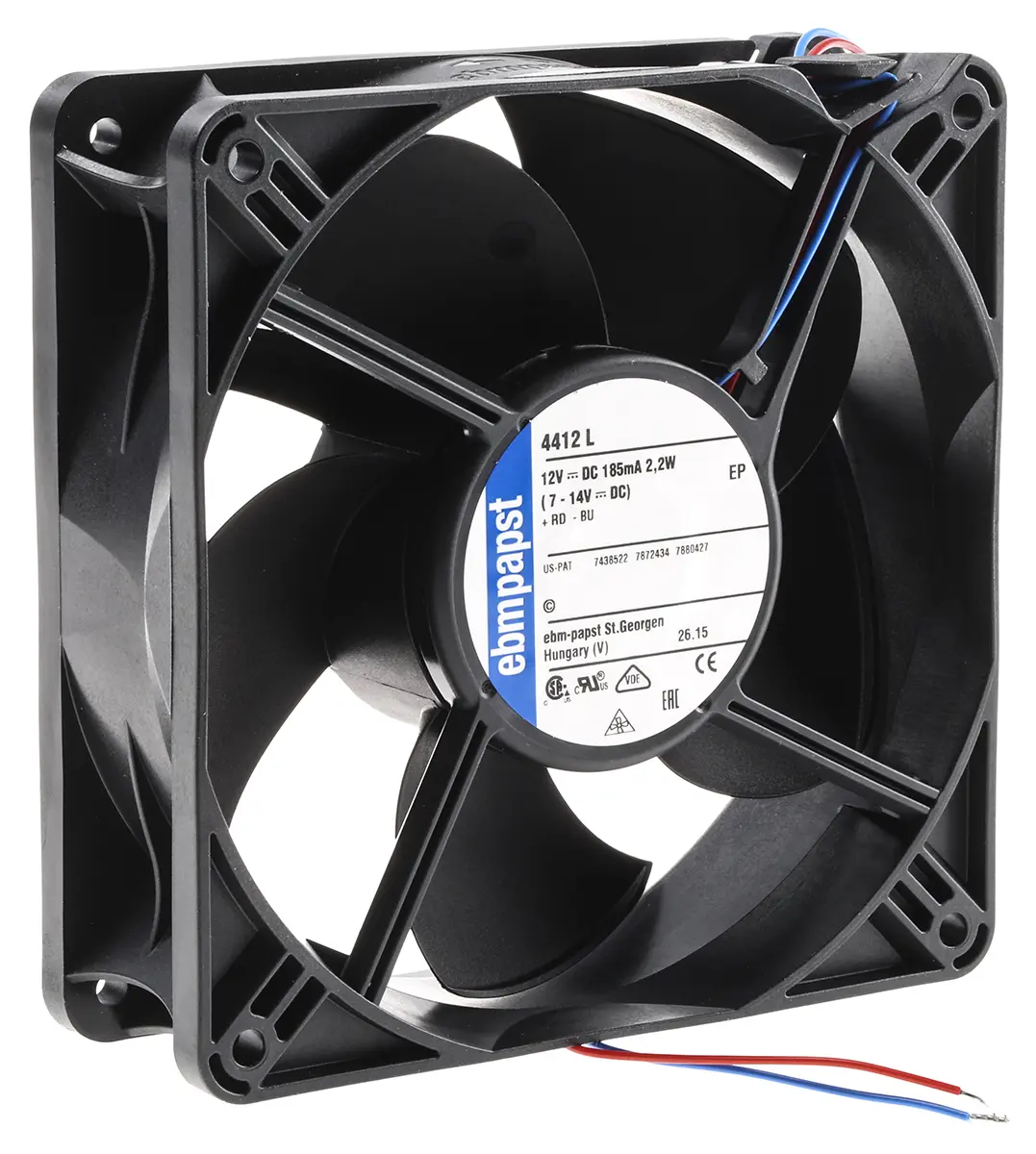 Produktfoto 1 von ebm-papst 4400 Axiallüfter, Kugel, 12V dc / 2.2 W 183 mA, 2700 U/min, 150 m³/h IP54 119 mm 119mm 38 mm