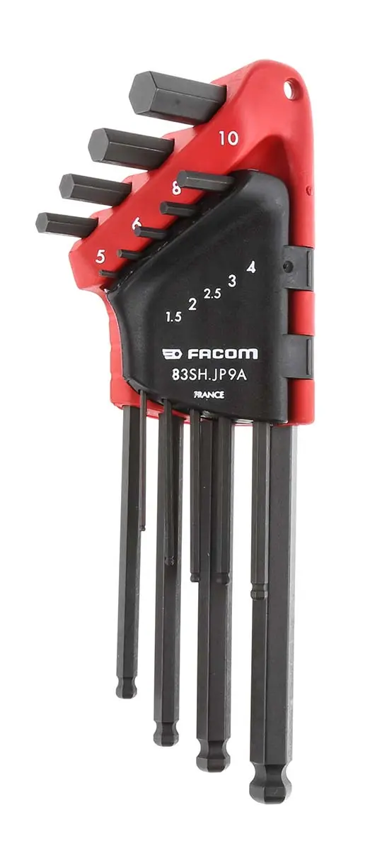 Produktfoto 1 von Facom metrisch  Innensechskant-Schlüssel, Satz 9-teilig 1.5 - 2 - 2.5 - 3 - 4 - 5 - 6 - 8 - 10mm L-Form lang Kugelkopf