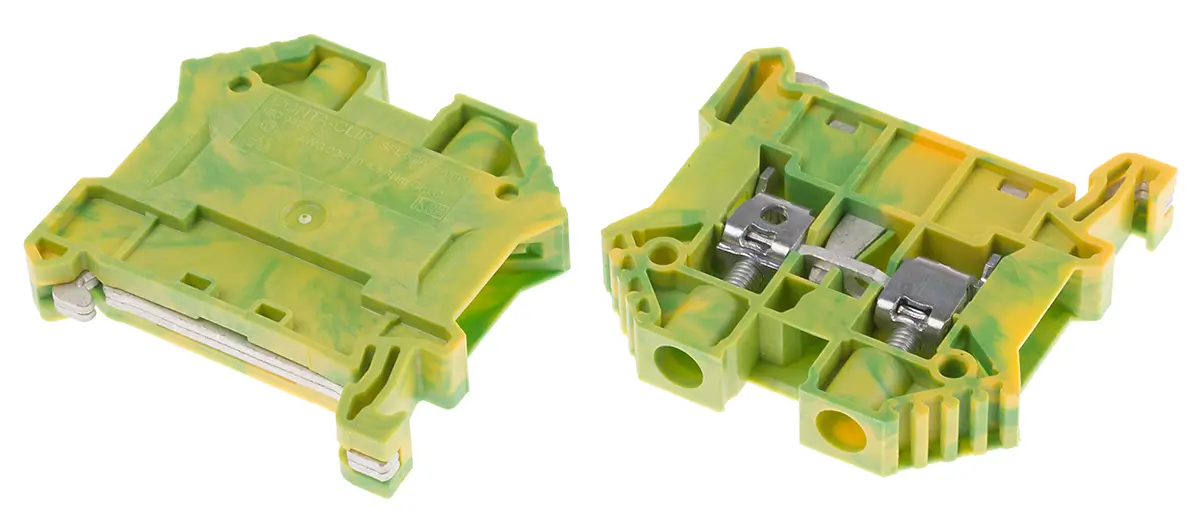 Produktfoto 1 von RS PRO Erdungsblock, DIN-Hutschiene, 22/8 AWG, 6 mm² Schraubbefestigung, Grün, Gelb Polyamid