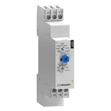 Produktfoto 1 von Crouzet MXR1 Zeitrelais, DIN-Hutschiene 24 V dc 24V ac, 240 V ac, 0.1 s to 100 h, 1 Kont. Multifunktion, 1-poliger