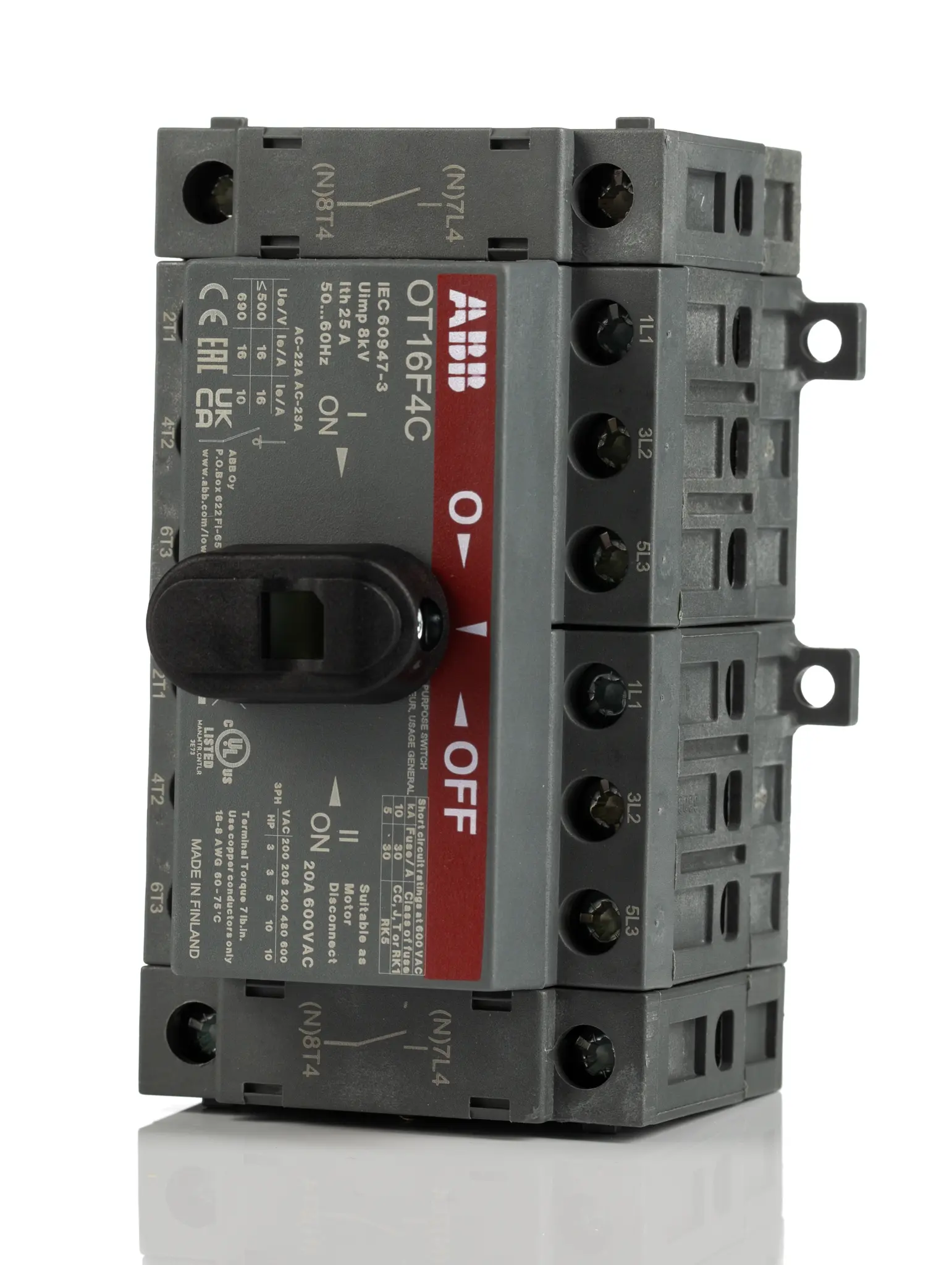 Produktfoto 1 von ABB OT Trennschalter ohne Sicherung 4-polig DIN-Hutschiene 16A 7.5 kW Schwarz IP20 3-phasig
