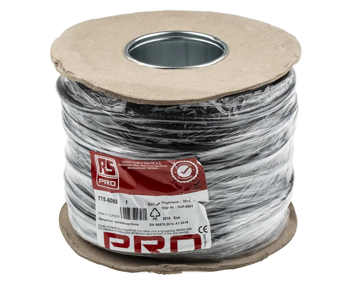 Produktfoto 1 von RS PRO H05VV-F Netzkabel, 2-adrig Schwarz /Ø 6.05 mm Außen-ø , 100 m 70 °C, 300 V, 500 V, Polyvinylchlorid