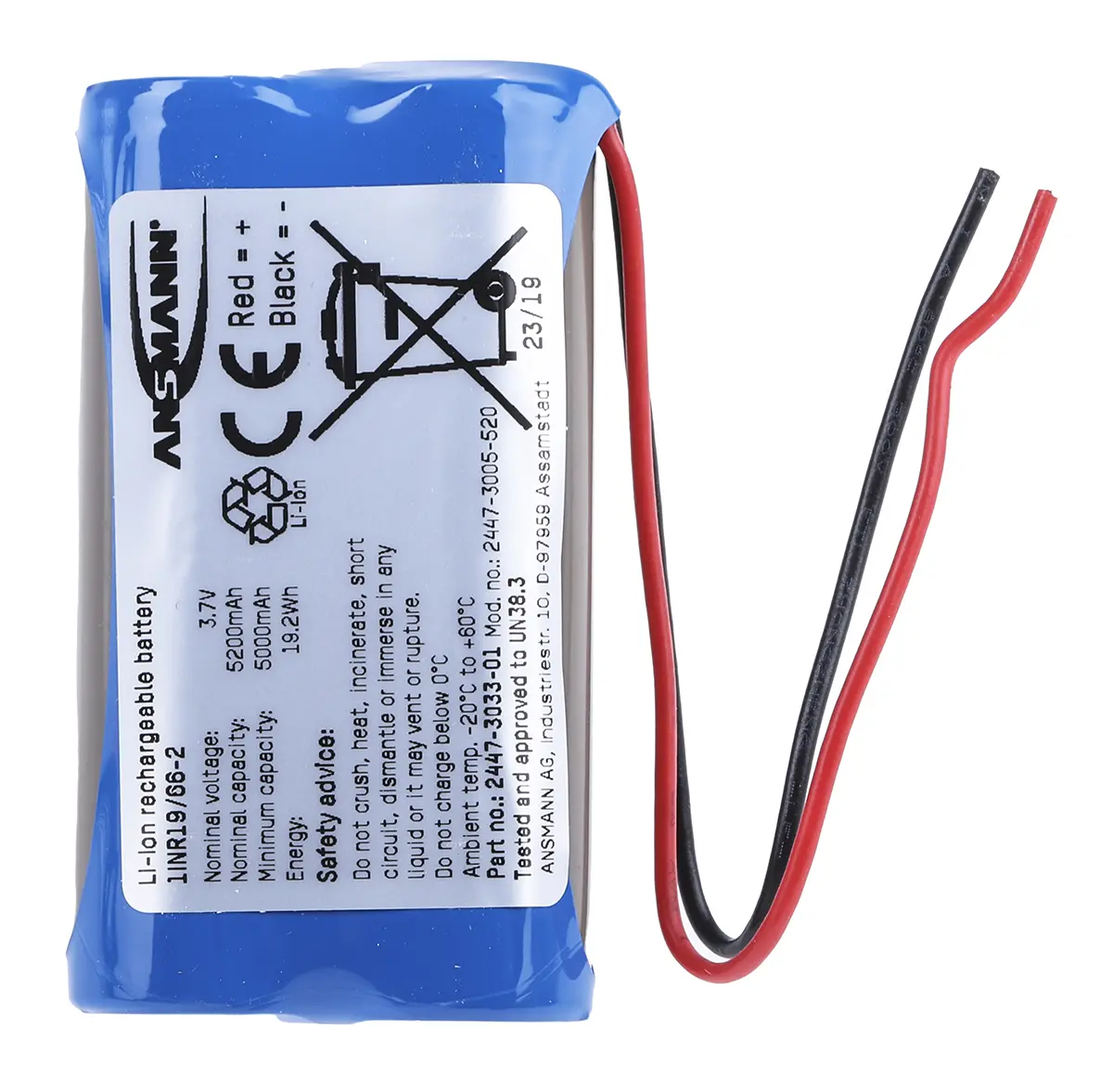 Produktfoto 1 von Ansmann Li-Ion Akkupack, 2-Zellen 3.6V / 5.2Ah, Draht-Anschluss