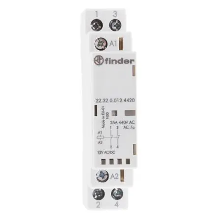 Finder 22 Schütz 12V dc-Spule, 2-polig, 250 V dc, 440V ac / 25 A 12V ac 1.25 W 2 Öffner Motorsteuerung 2-Hilfskontakte