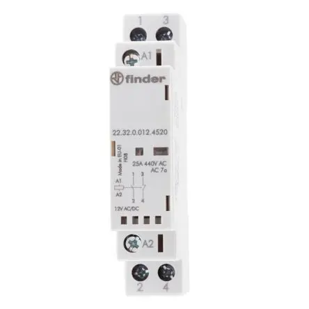 Finder 22 Schütz 12V dc-Spule, 2-polig, 250 V dc, 440V ac / 25 A 12V dc 2.2 W 1 Schließer/1 Öffner Motorsteuerung