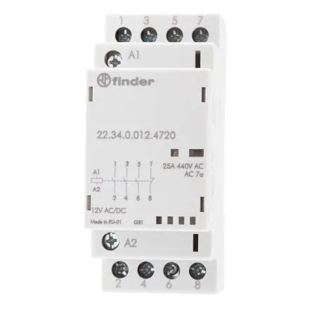 Produktfoto 1 von Finder 22 Schütz 12V dc-Spule, 4-polig, 250 V dc, 440V ac / 25 A 12V dc 4 kW 3 Schließer, 1 Öffner Motorsteuerung