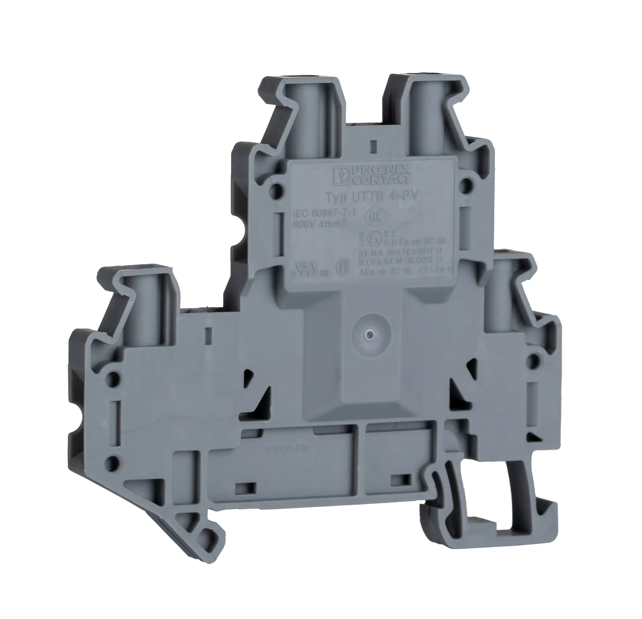 Produktfoto 1 von Phoenix Contact UTTB4-PV Doppelstock Reihenklemmen 2 Grau, 0.14mm², 6 mm², 800V Schraubbefestigung IECEx KEM 06.0013 U,