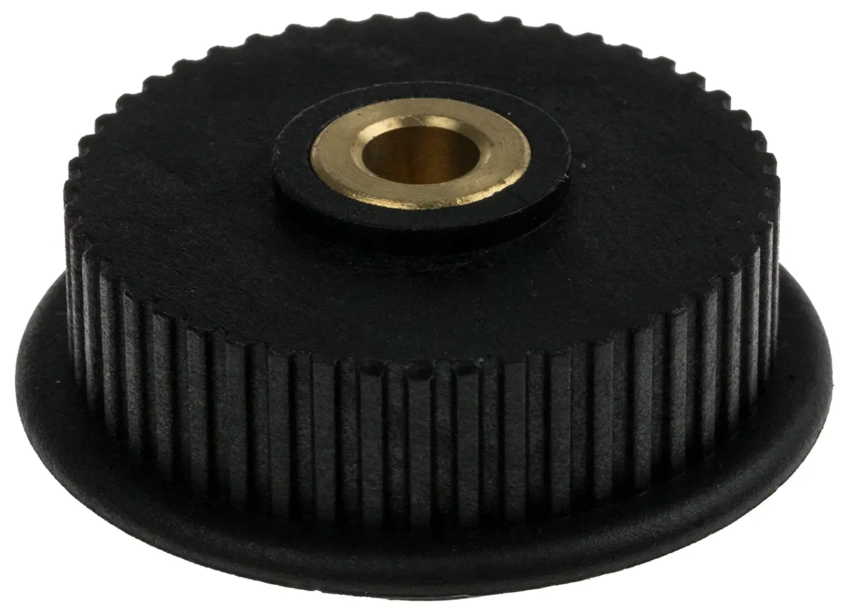 Produktfoto 1 von RS PRO GF Polycarbonat, Messing Zahnriemenscheibe 6 mm, 48 Zähne / Teilung 2 mm, Bohrung 5 mm