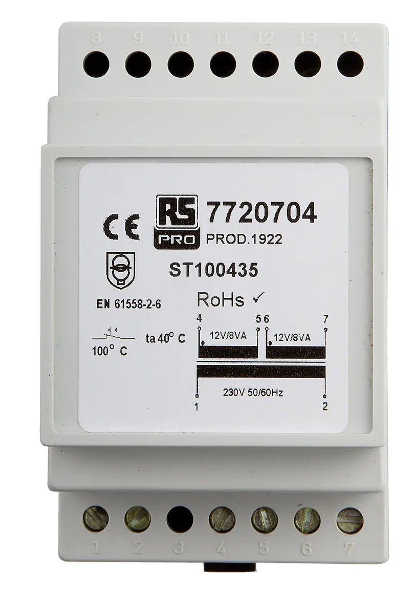 Produktfoto 1 von RS PRO DIN-Schienen-Trafo, 16VA, Primär 230V ac / Sekundär 12V ac DIN-Schiene 2 Ausg., 86mm x 52.5mm x 58mm