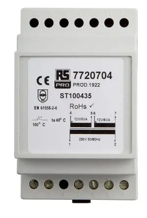 Produktfoto 1 von RS PRO 16 VA DIN-Schienen-Trafo, Primär 230 V ac / Sekundär 12 V ac DIN-Hutschiene 2 Ausg., 86 mm x 52.5mm x 58 mm